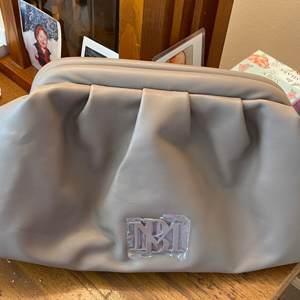 Badgley Mischka Taupe Pleated Shoulder Clutch with Monogram Plaque
